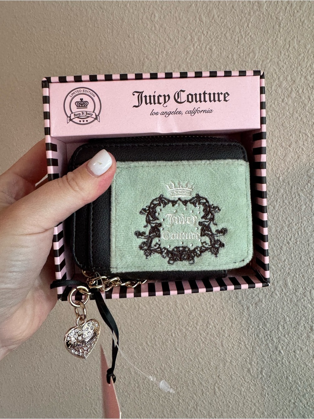 Juicy Couture Sage Green & Black Embroidered Compact Wallet with Heart Charm